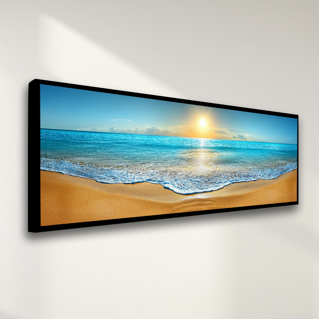 Golden Horizon Beach Sunset  (Panoramic Wall Framed Canvas)