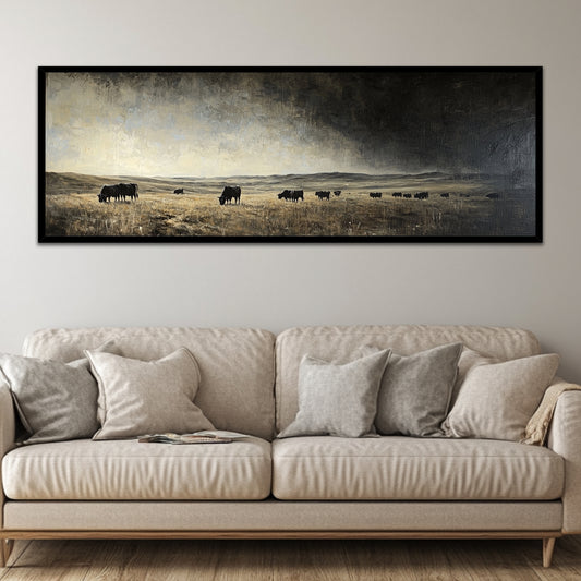 Storm's Approach Panoramic Cattle in the Heart of Nature (Panoramic Wall Framed Canvas)