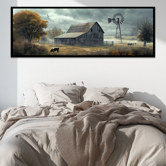 Rustic Cows by the Barn (Panoramic Wall Framed Canvas)