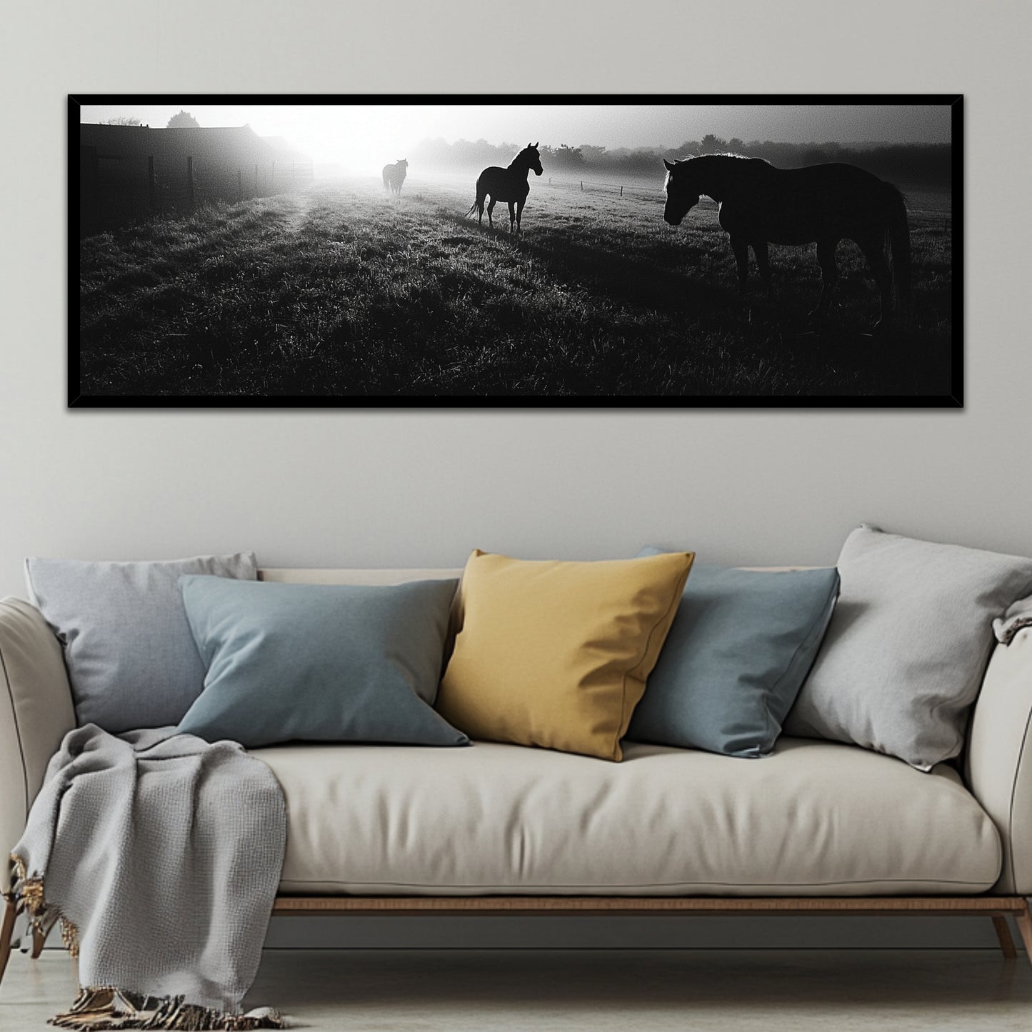 Black and White Horse Ranch at Sunset (Panoramic Wall Framed Canvas)