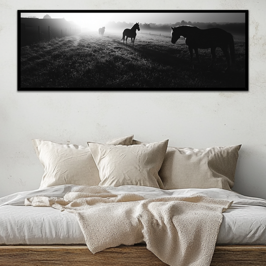 Black and White Horse Ranch at Sunset (Panoramic Wall Framed Canvas)