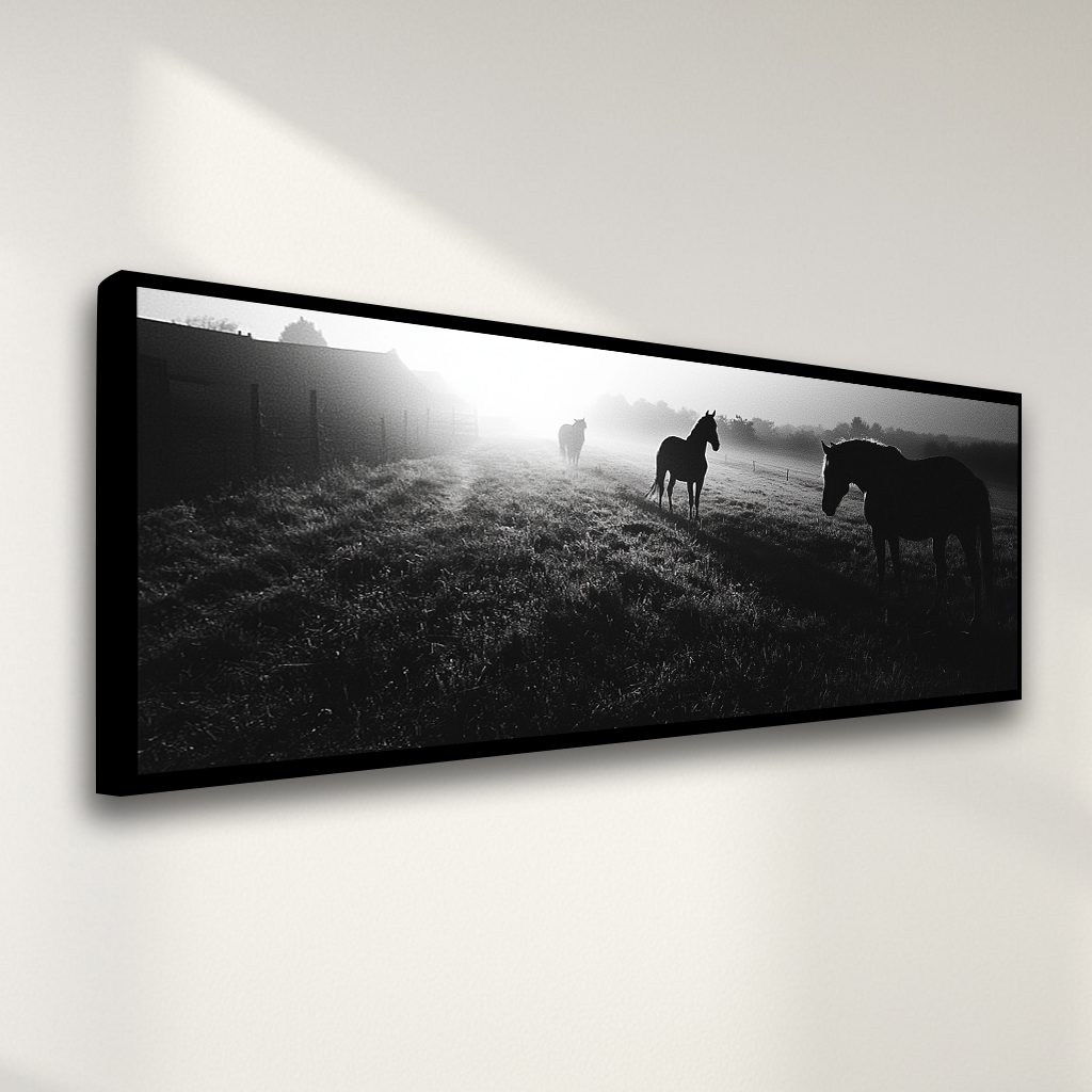 Black and White Horse Ranch at Sunset (Panoramic Wall Framed Canvas)