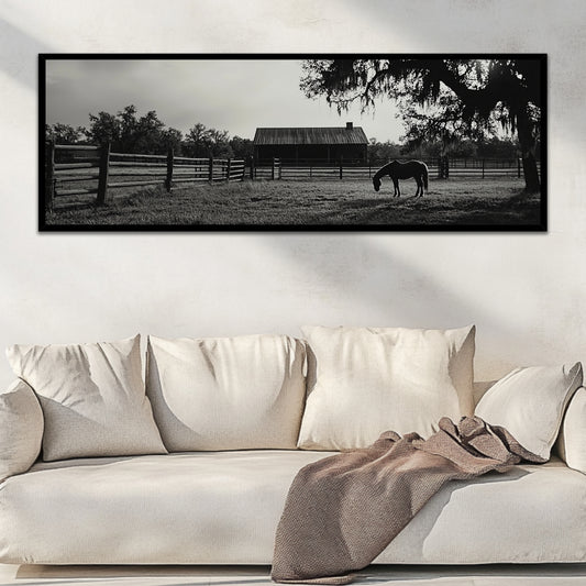 Serene Rest Horse Under Tree (Panoramic Wall Framed Canvas)