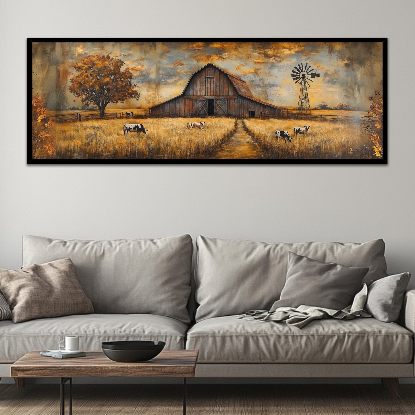 Country Rustic Barn with Cows Grazing (Panoramic Wall Framed Canvas)