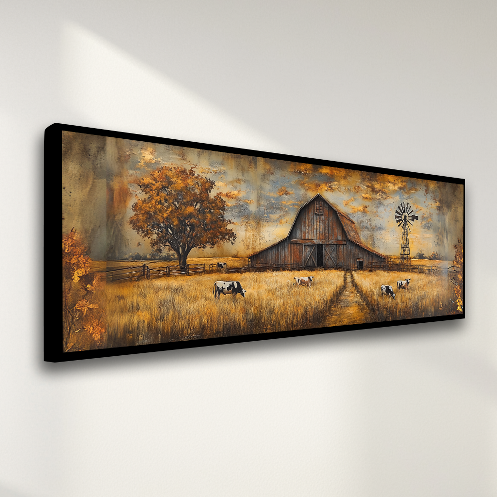 Country Rustic Barn with Cows Grazing (Panoramic Wall Framed Canvas)