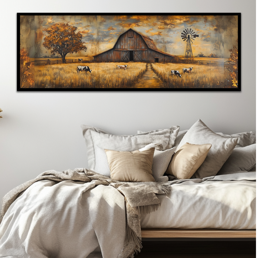 Country Rustic Barn with Cows Grazing (Panoramic Wall Framed Canvas)