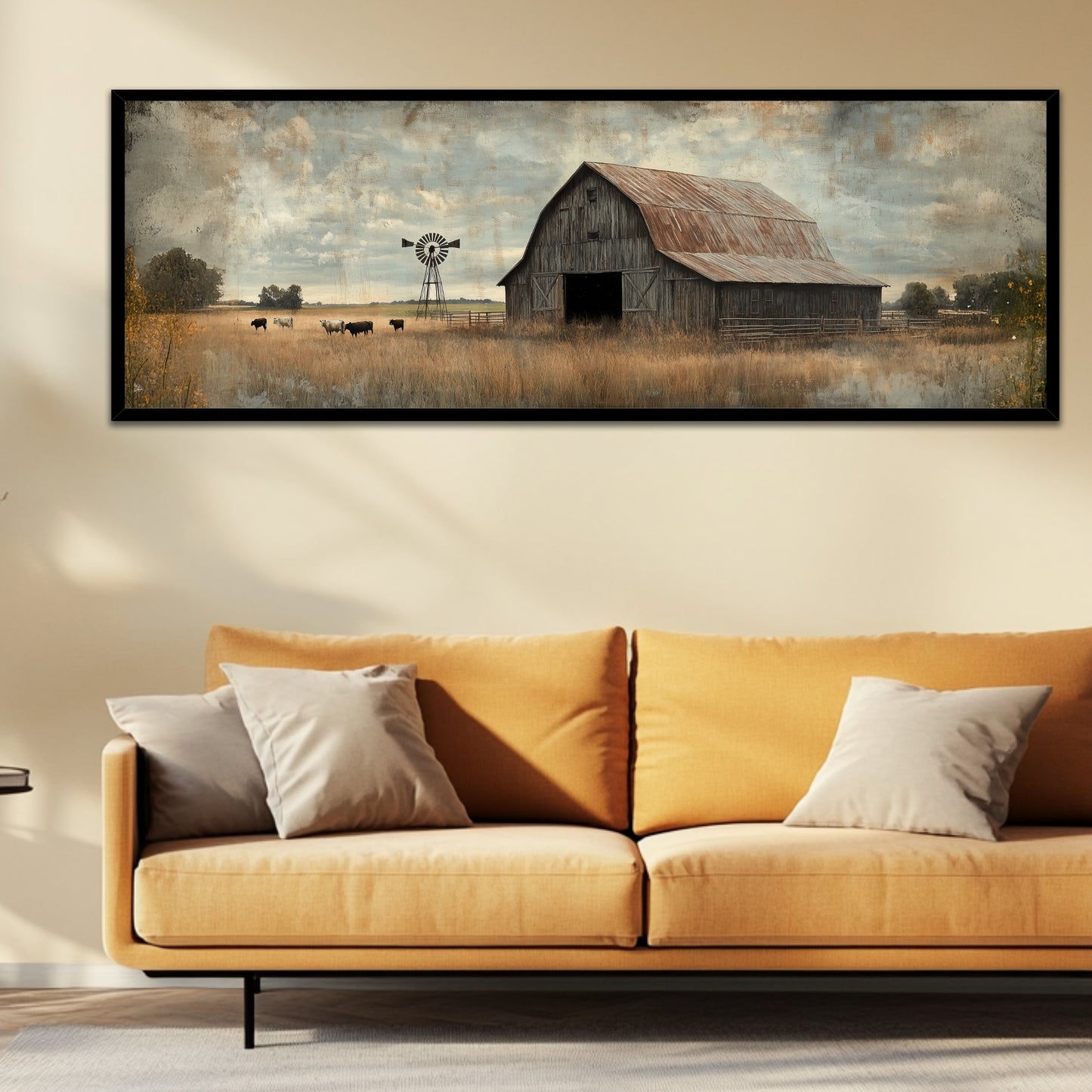 Rustic Oil Painting of a Weathered Barn with Aged Wood (Panoramic Wall Framed Canvas)