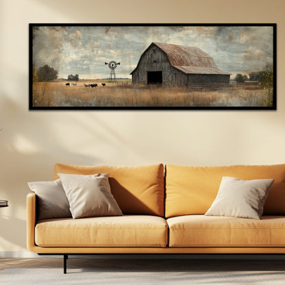 Rustic Oil Painting of a Weathered Barn with Aged Wood (Panoramic Wall Framed Canvas)