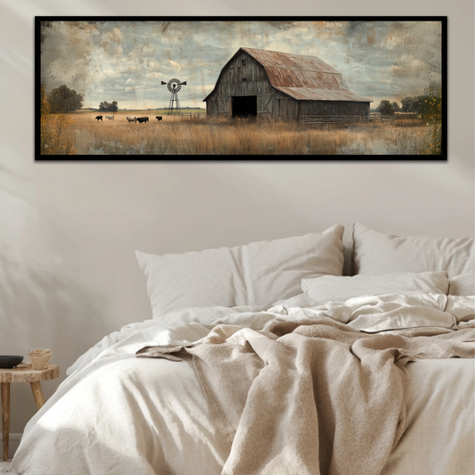 Rustic Oil Painting of a Weathered Barn with Aged Wood (Panoramic Wall Framed Canvas)